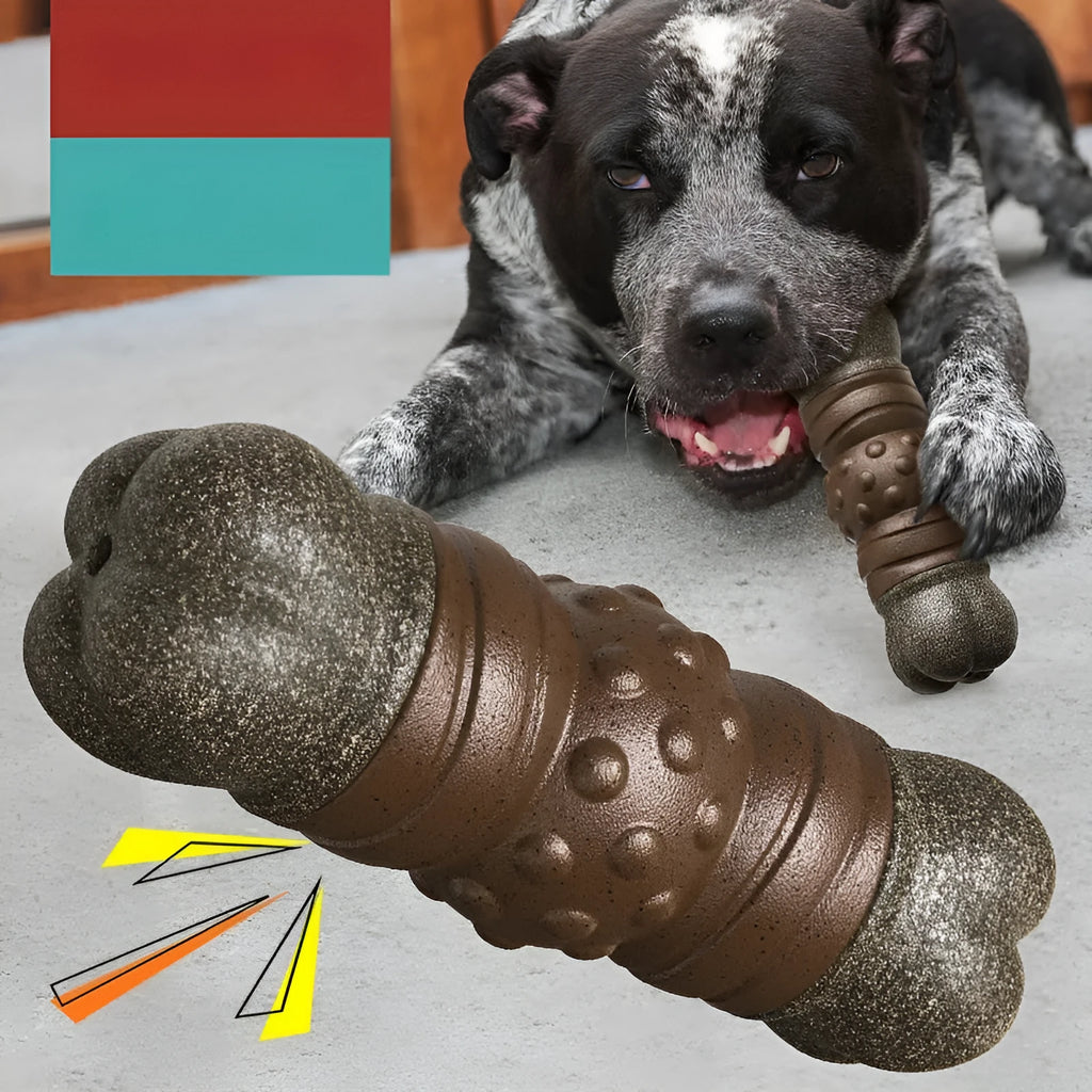 Wood-coloured plastic bone-shaped dog toy with textured molar rod design for chewing and teeth cleaning.