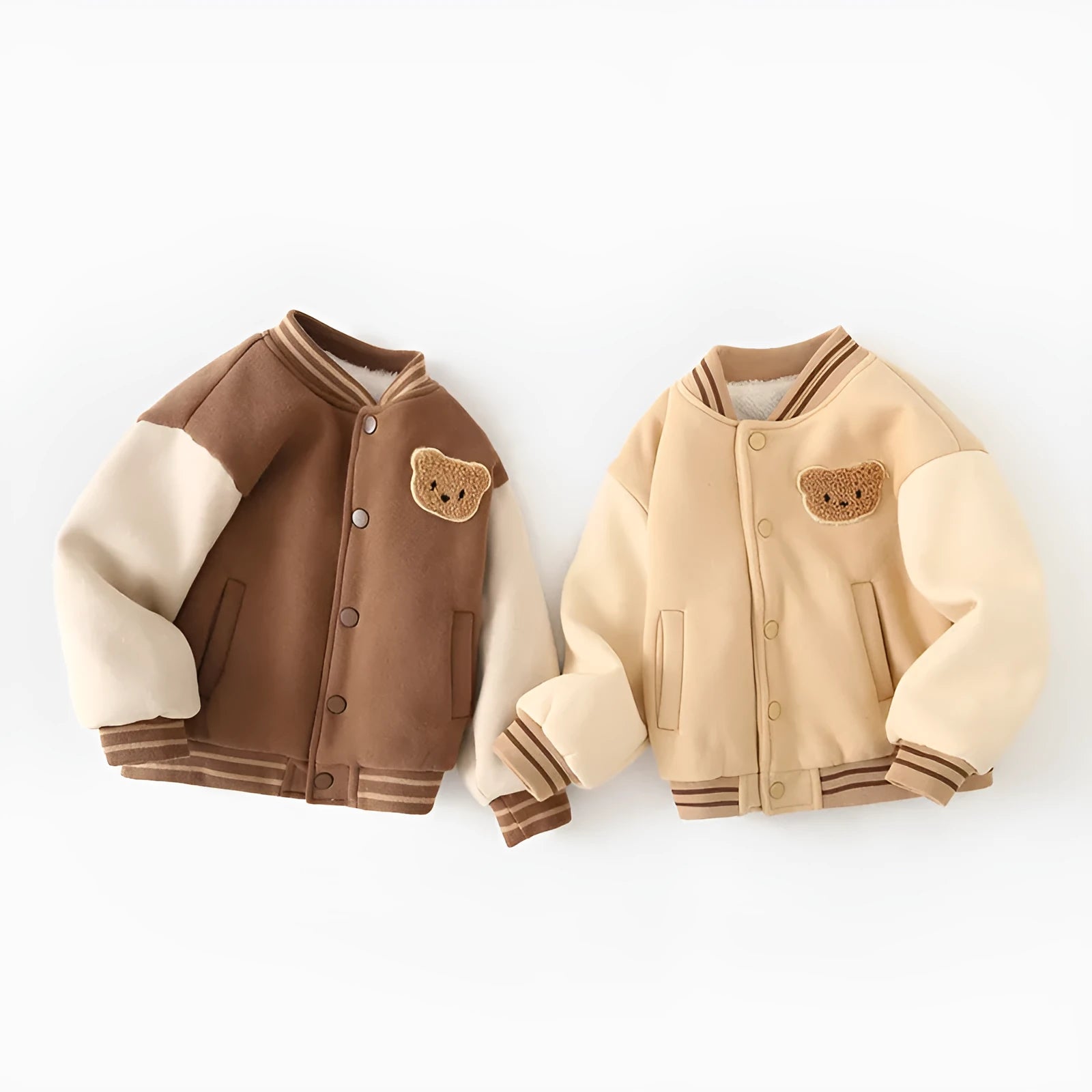 Children's fleece-lined baseball coat in cotton, light milk tea colour, with front buttons and stand collar