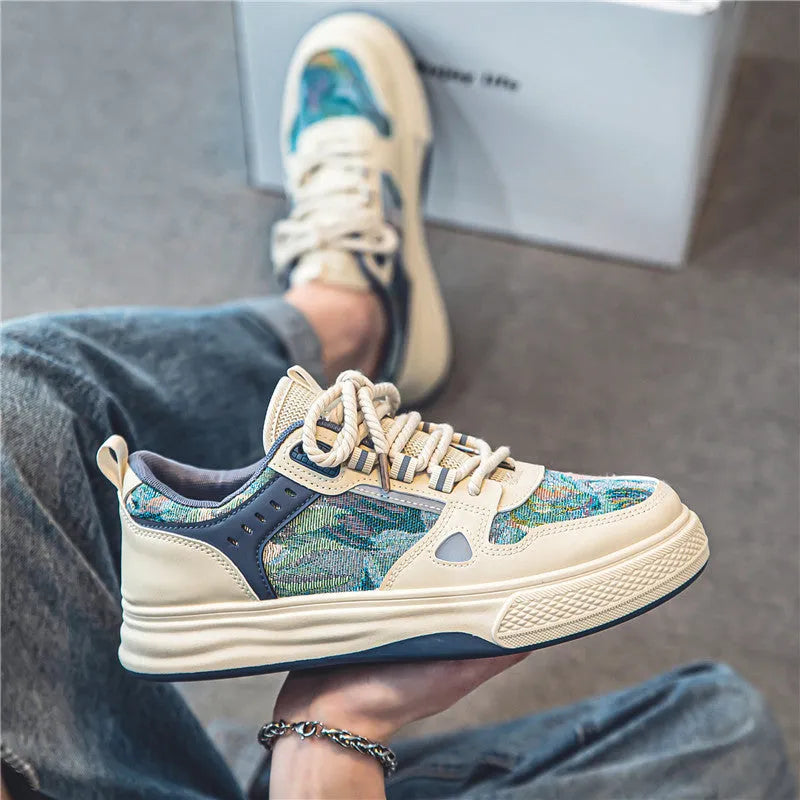 Beige and Milan green canvas casual shoes with flat heel and round toe on a plain background.