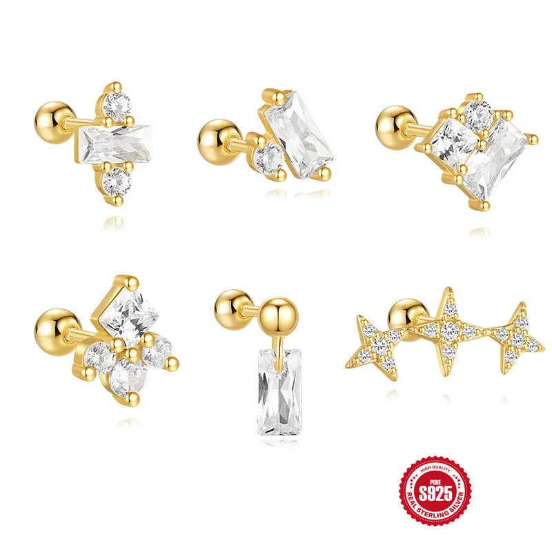 S925 sterling silver flower stud earrings with red square gravel stones and gold electroplating.
