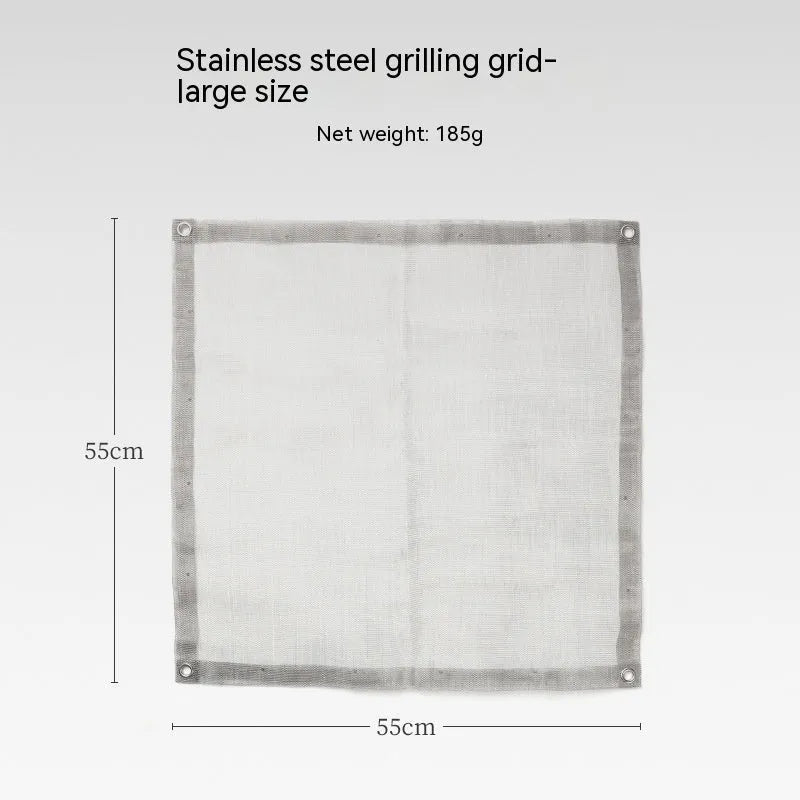 Silver stainless steel barbecue grill with a fine mesh net, shown in a large size for group barbecues.