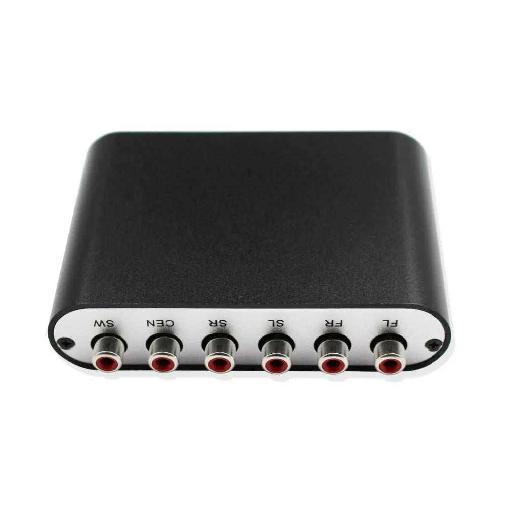 Black DTS digital to analogue audio decoder with optical coaxial and stereo inputs, 5.1 channel RCA outputs, and USB port