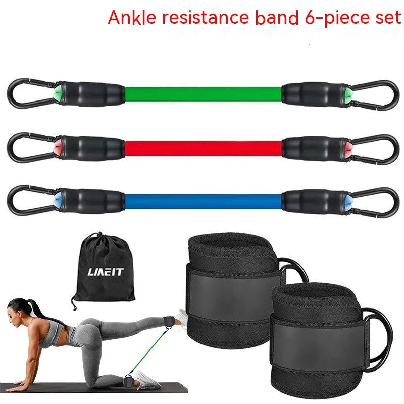 TPE resistance band exercise set with three tension levels and ankle buckle attachments