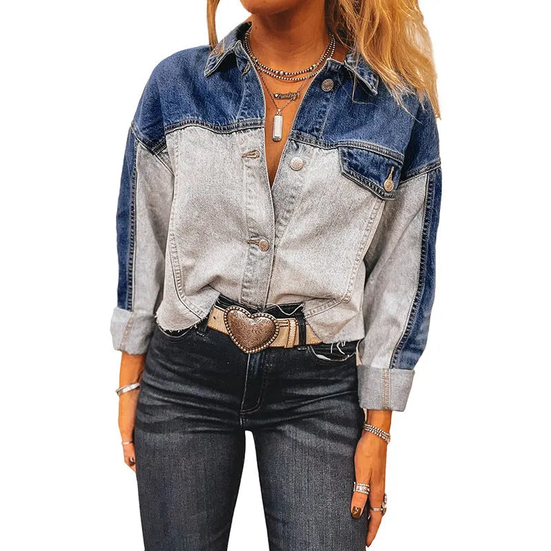 Single row multi-buckle denim coat for women, loose fit cotton jacket in colour matched pattern