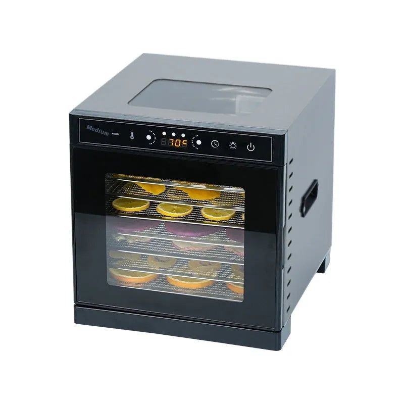 Stainless steel food dehydrator machine with multiple stacking trays and an LED control panel.