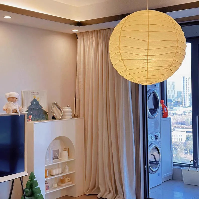 Japanese-style rice paper ball pendant chandelier in living room setting
