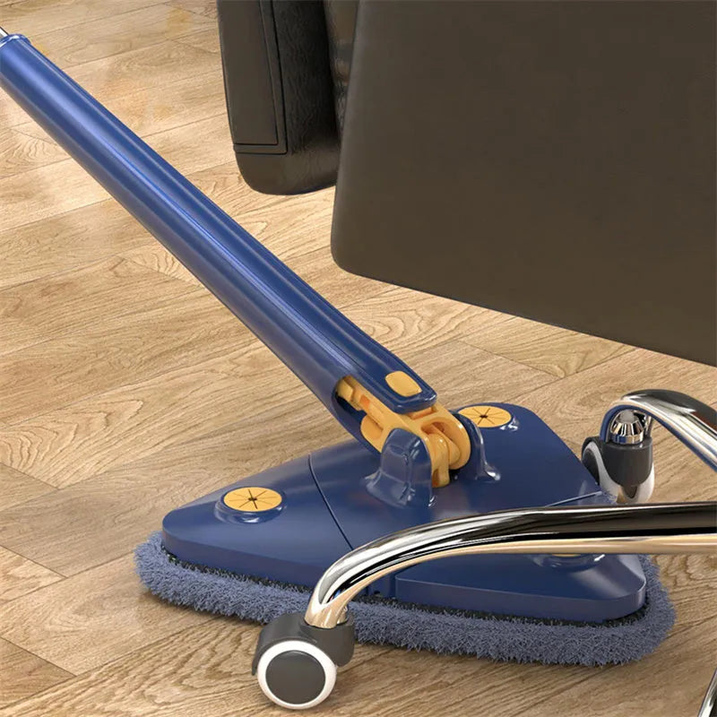 Blue and white triangular cleaning mop with a long stainless steel pole extended for ceiling cleaning.