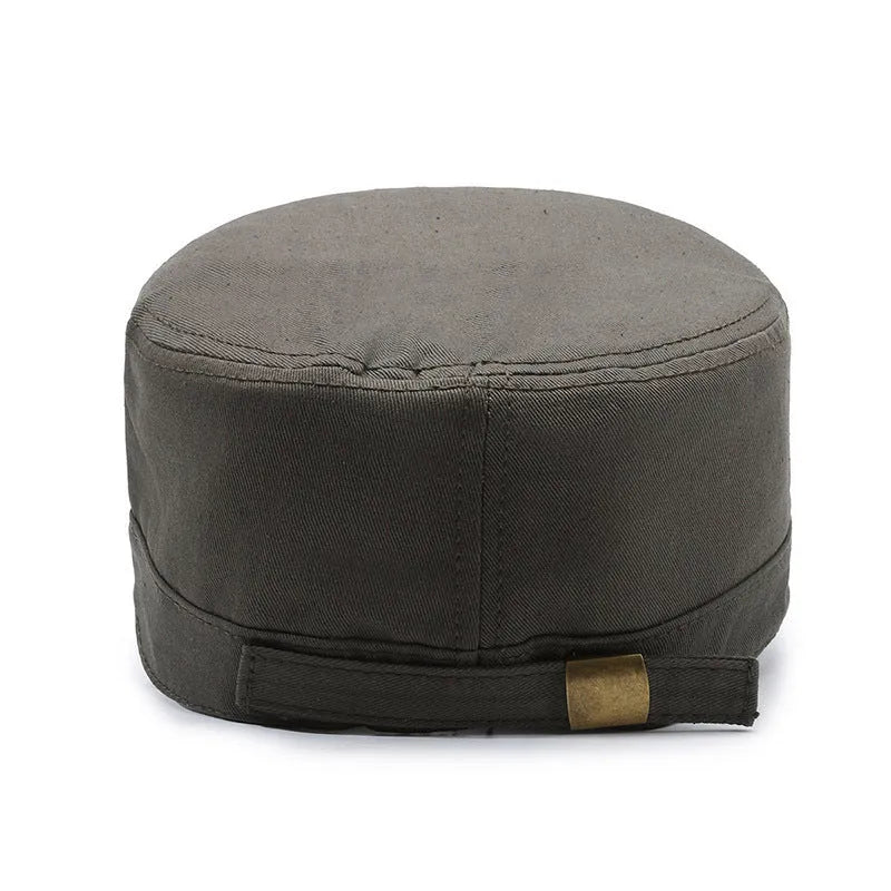 Men's flat-top cotton peaked cap in army green with an adjustable strap and a dome crown.