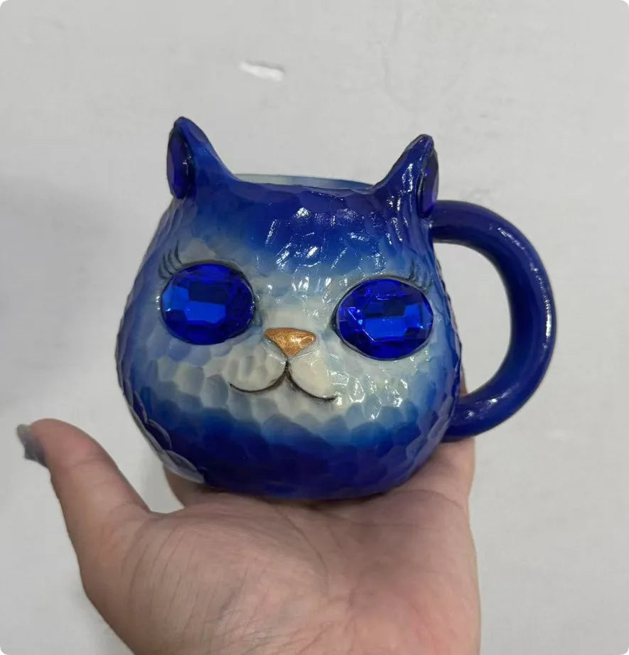 Crystal Earth Cat Cup resin decorative craft in blue, green, pink, or purple colour options