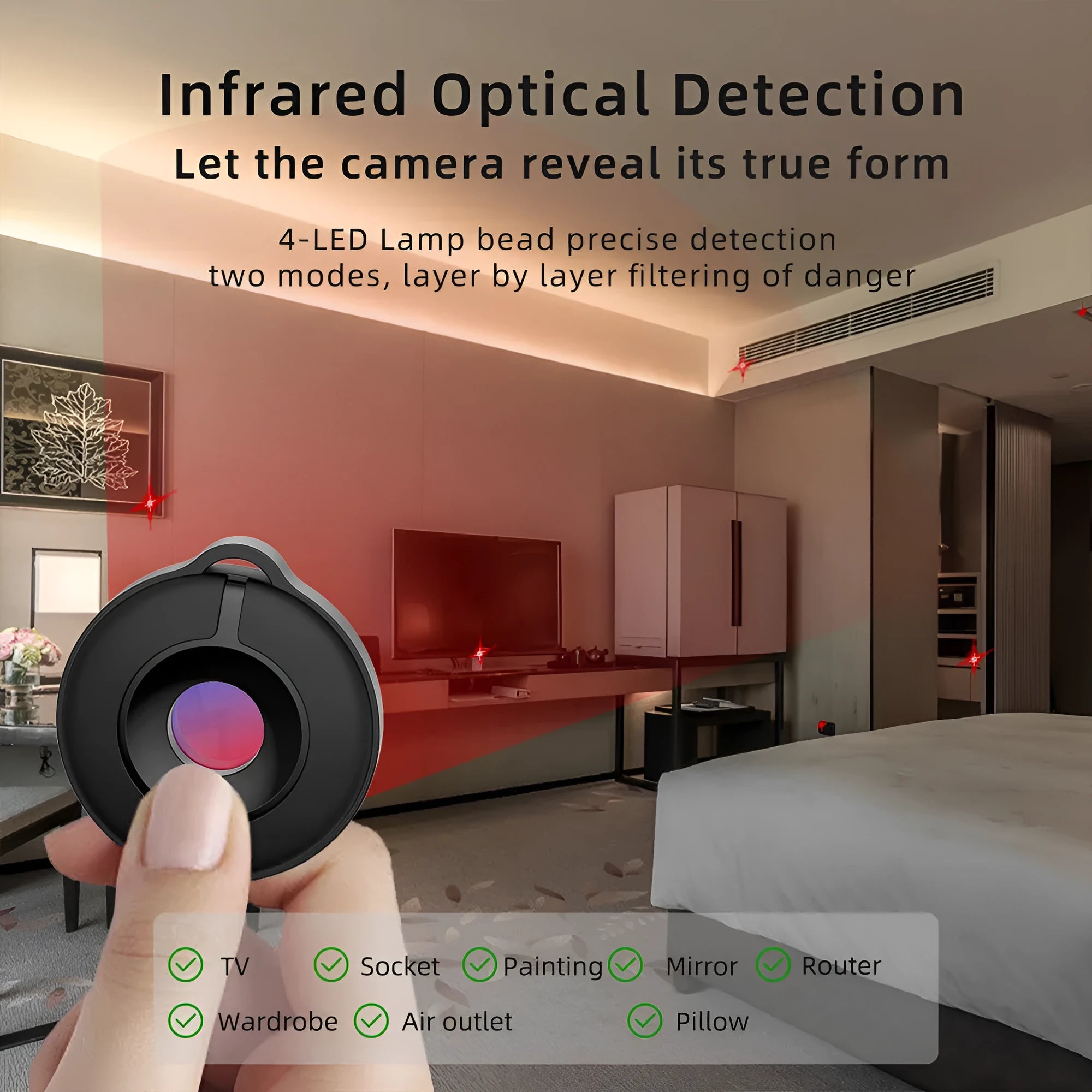 S600 compact camera detector with infrared lens for finding hidden cameras up to 5 metres away.