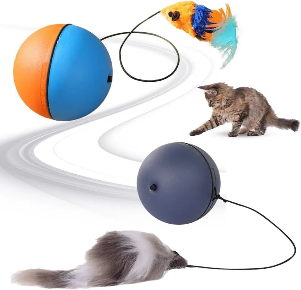 Automatic interactive cat ball toy in blue orange colour, self-rolling motion for indoor pets