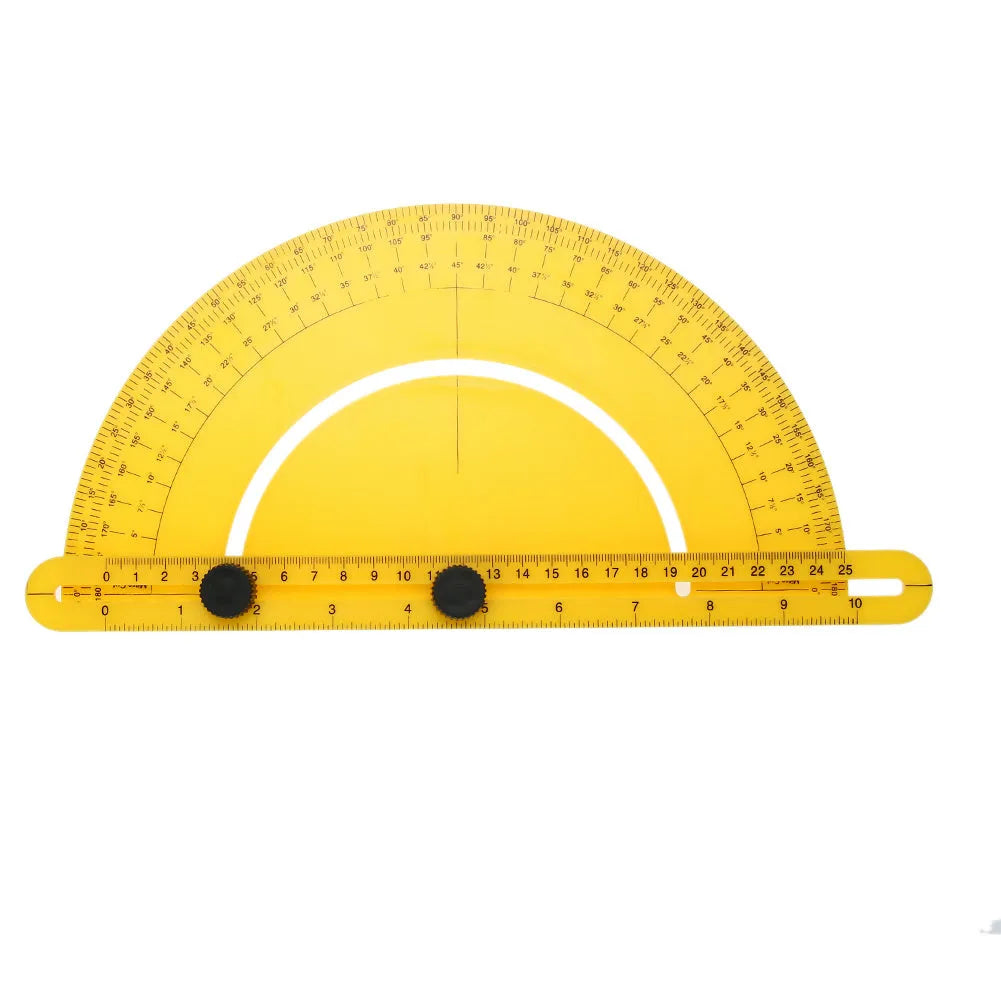 A white ABS plastic 180-degree carpentry ruler tool for measuring angles on wood and tiles.