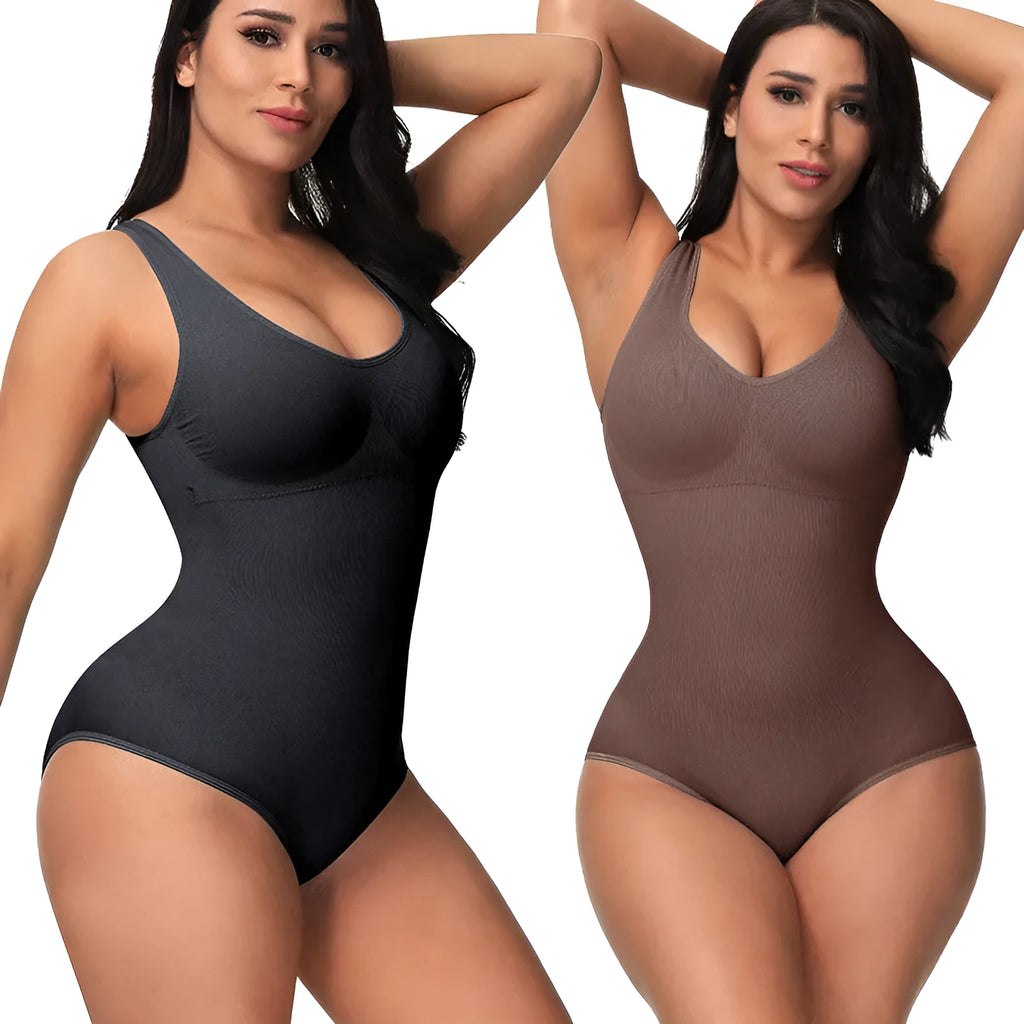 Seamless women's bodysuit corset shapewear in thin nylon fabric for waist support and hip lift.