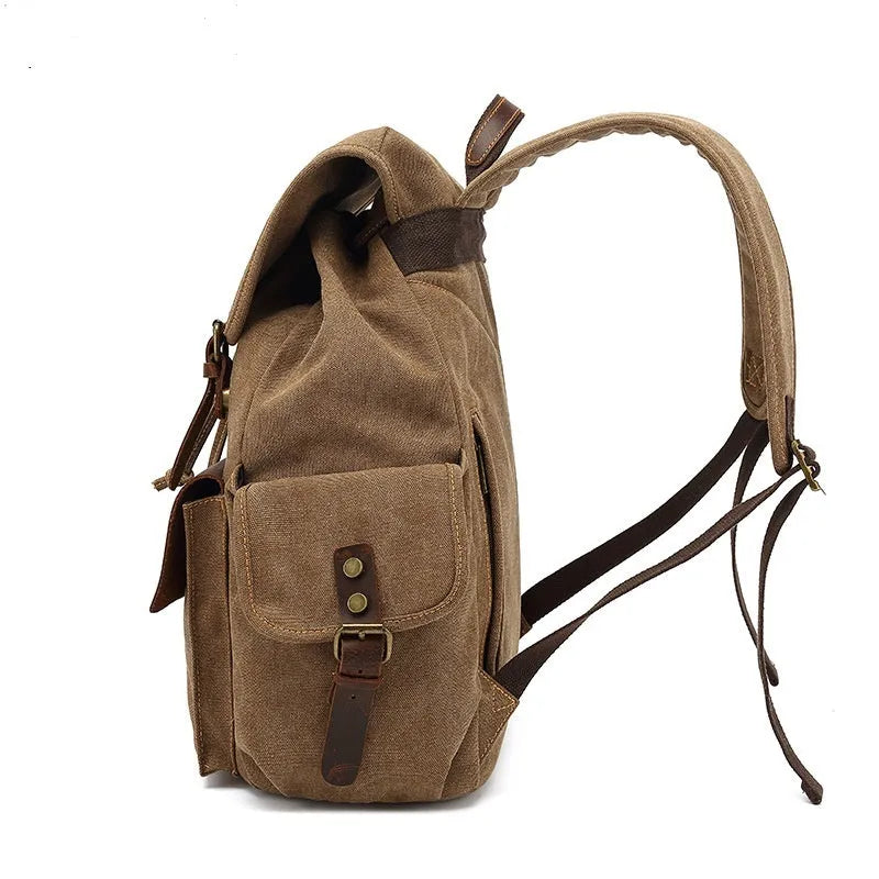 Retro wear-resistant canvas backpack in army green with antique bronze hardware, 16-inch laptop capacity