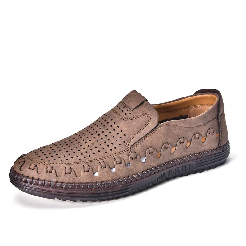 Men's brown slip-on leather casual shoes with round toe and visible stitching details