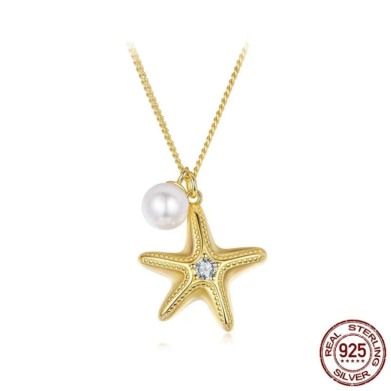 S925 sterling silver gold plated starfish and pearl pendant necklace with adjustable chain 41-50cm