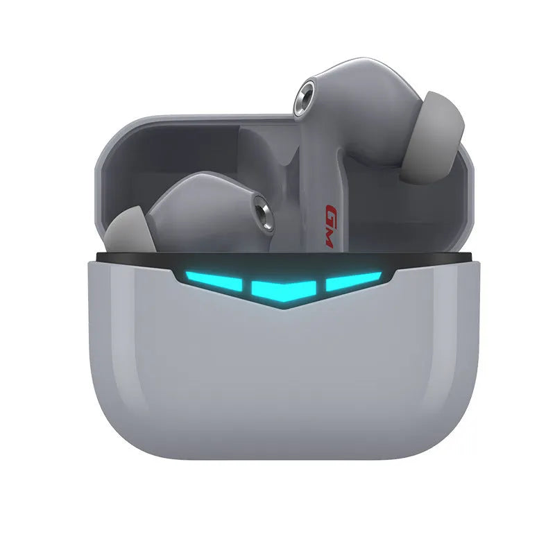 True wireless gaming Bluetooth in-ear headphones with charging case and spare earmuffs.