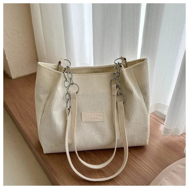 New corduroy one-shoulder tote large capacity handbag for women in brown with three-dimensional pocket