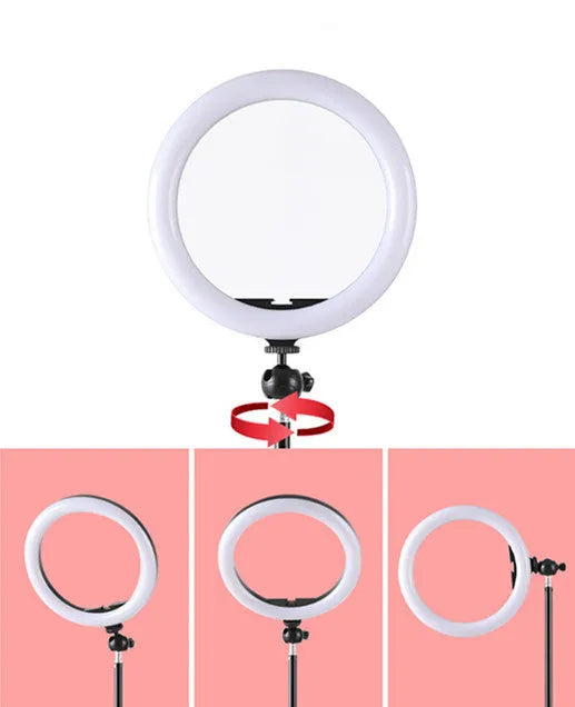 10-inch circular ring light on adjustable metal bracket for smartphone photography