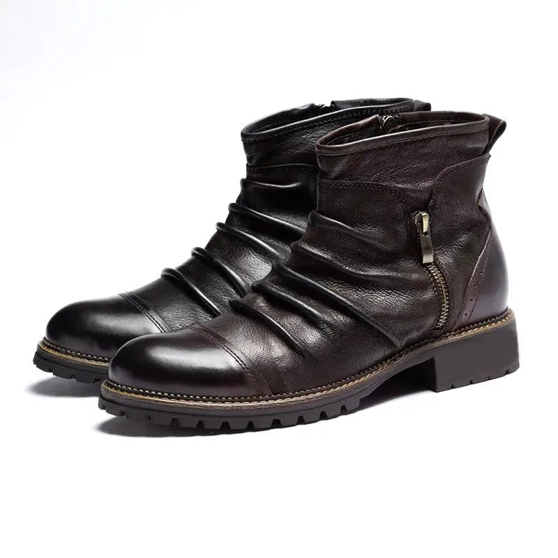 Men's black Martin cowboy boots with side zip and embossed artificial PU upper