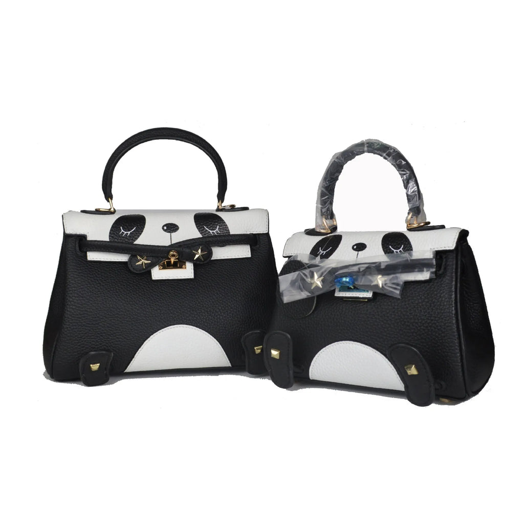 Panda print cow leather handbag in horizontal square shape with two size options