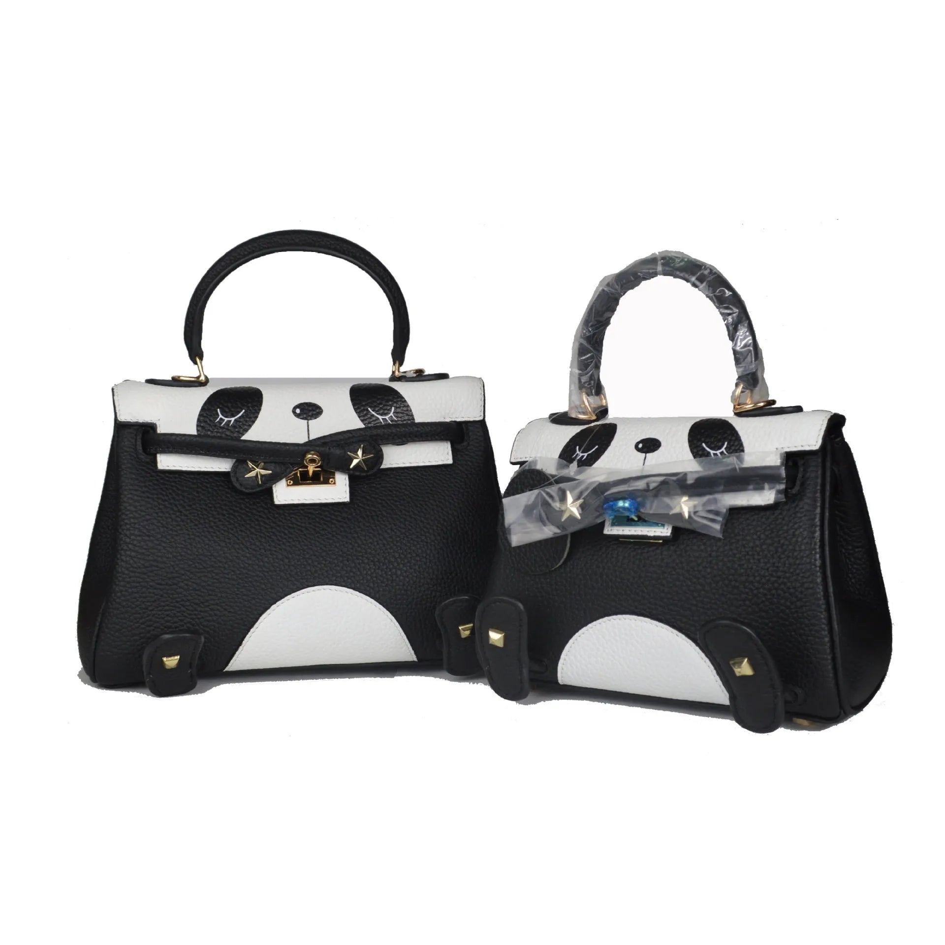 Panda print cow leather handbag in horizontal square shape with two size options