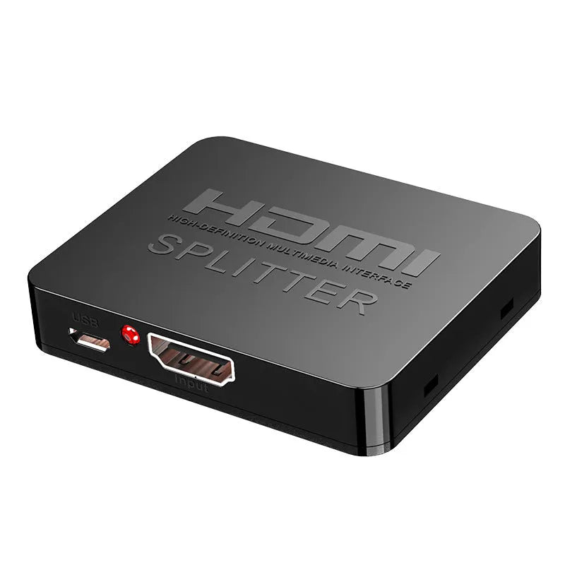 4K HDMI splitter hub with one input and two output ports on a black casing.