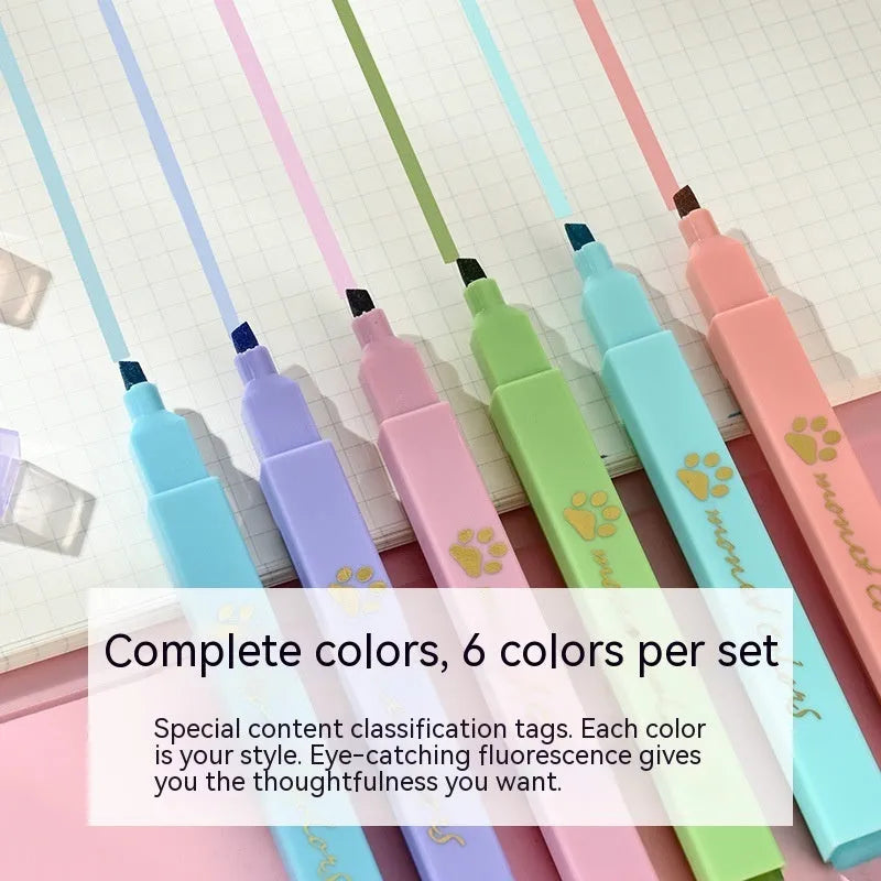 Cat's Paw box of six fluorescent marking pens with oblique heads in assorted colours.