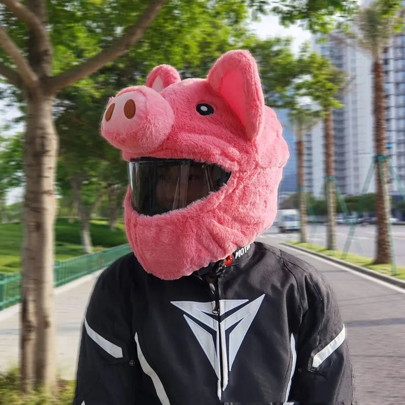 Pink pig cartoon design plush hood made from pv velvet cloth for motorcycle helmet protection.