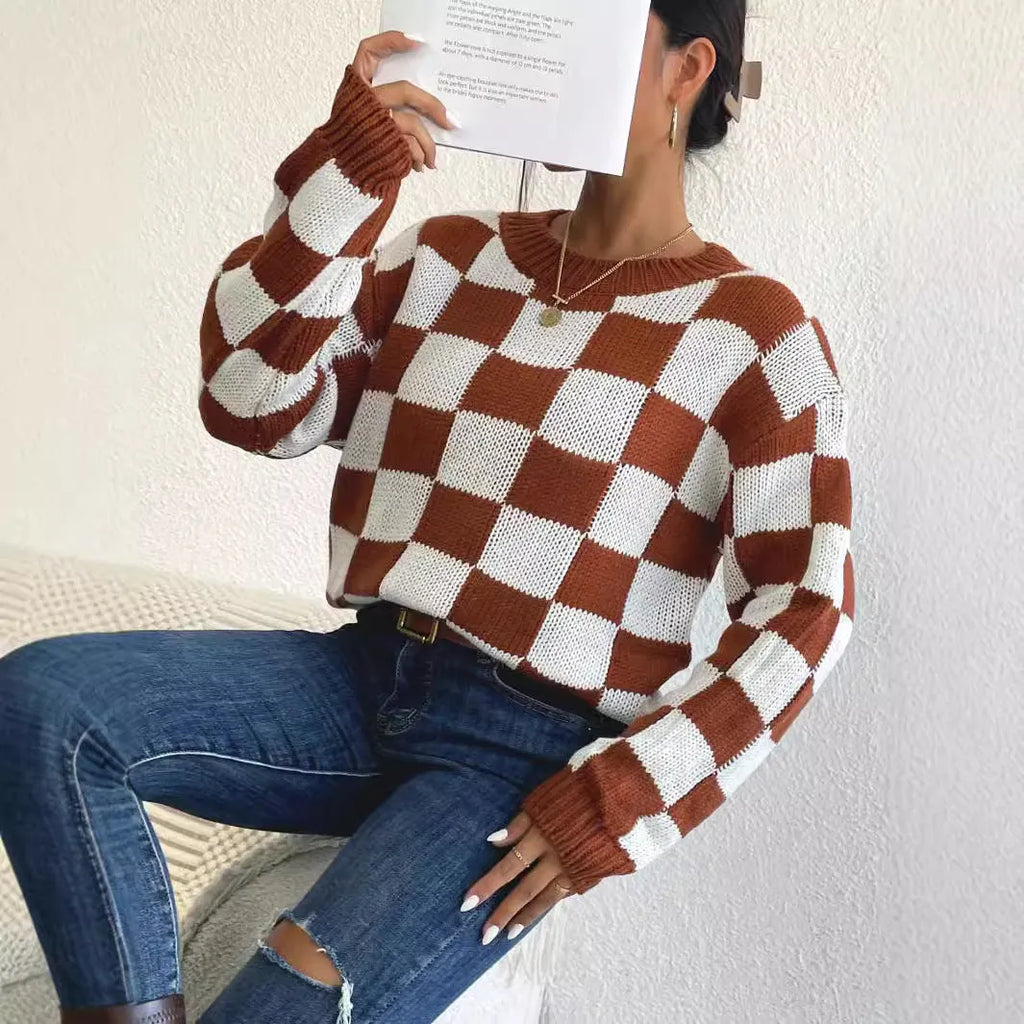 Dark brown chessboard plaid women's pullover sweater with loose round neck and long sleeves