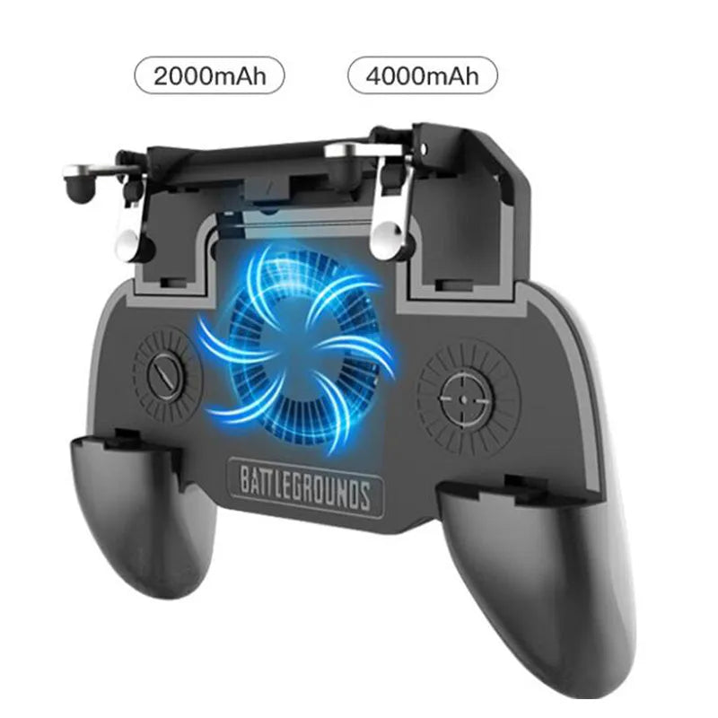 Black mobile phone game controller with USB cable, showing grip and action buttons.