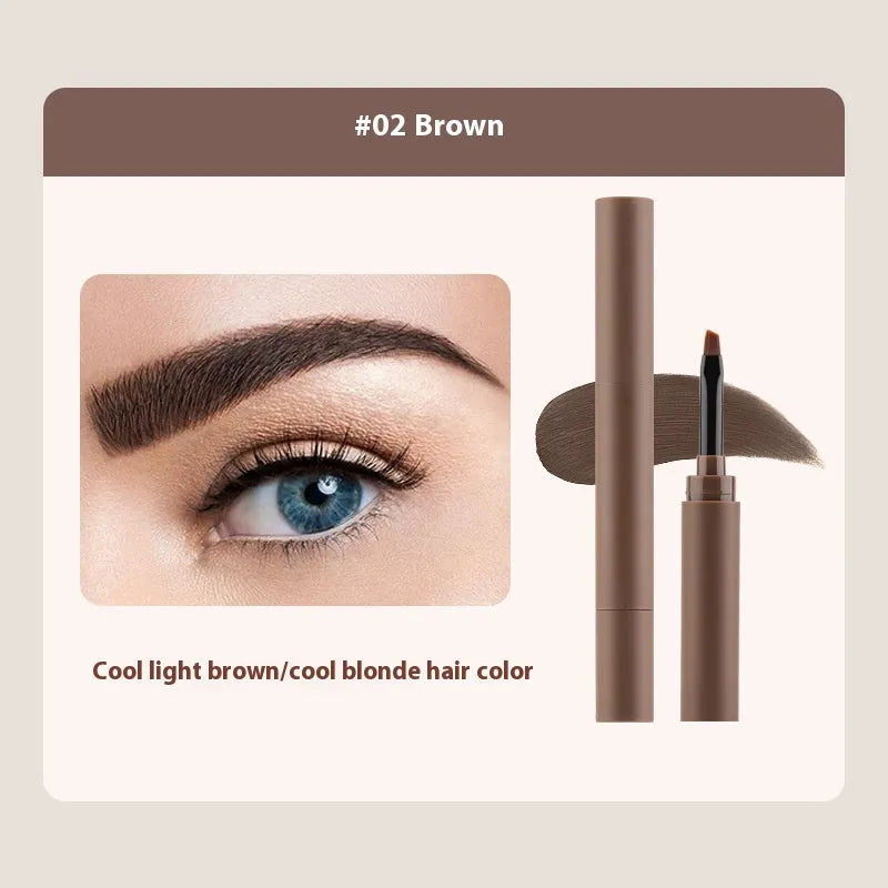 Double-headed eyebrow cream showing pencil and powder ends with five shade options displayed