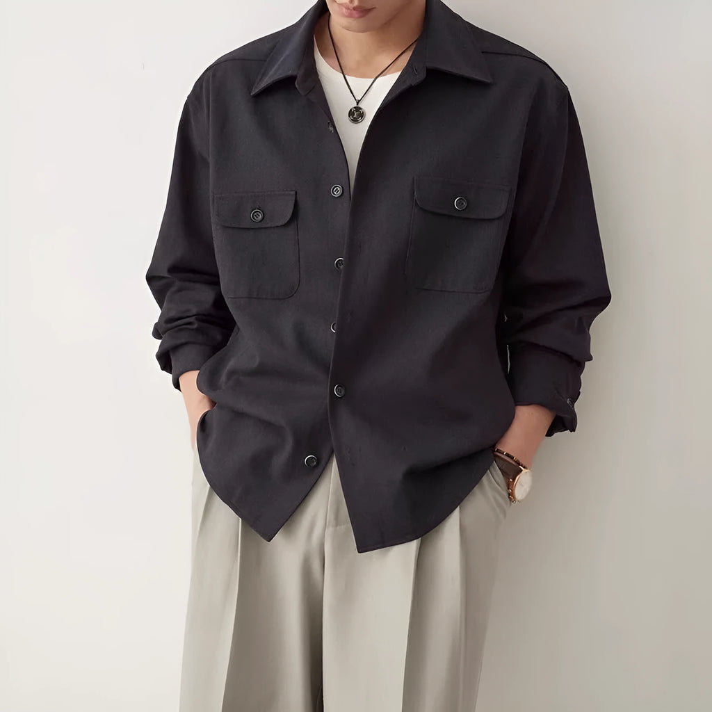 Men's long sleeve shirt with lapel collar in Light Sand Rice colour, simple profile.