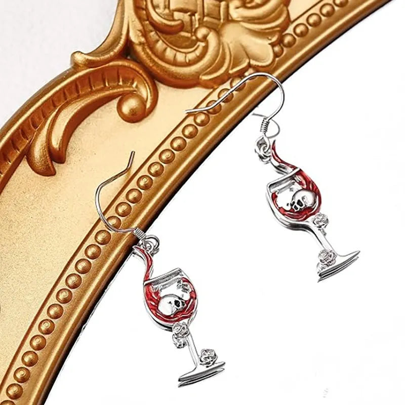 Halloween skull wine glass geometric zinc alloy electroplated earrings silver tone