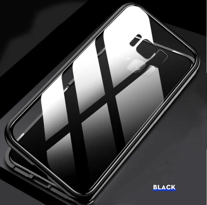 Black anti-peeping magnetic clamshell phone case for Samsung Galaxy S21 Ultra shown open and closed.
