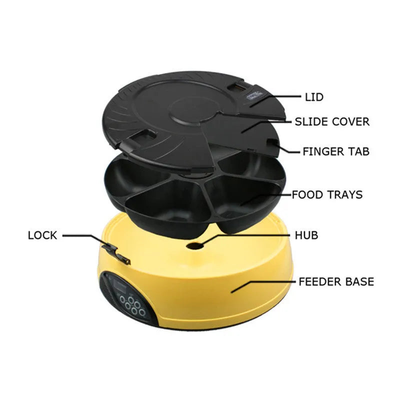 Pet automatic feeder with 6 slots, voice recorder, ABS plastic, 330ml capacity, yellow colour option