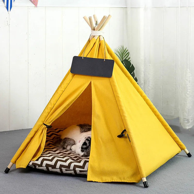 Striped flax and linen pet teepee tent with removable cushion for small dogs or cats
