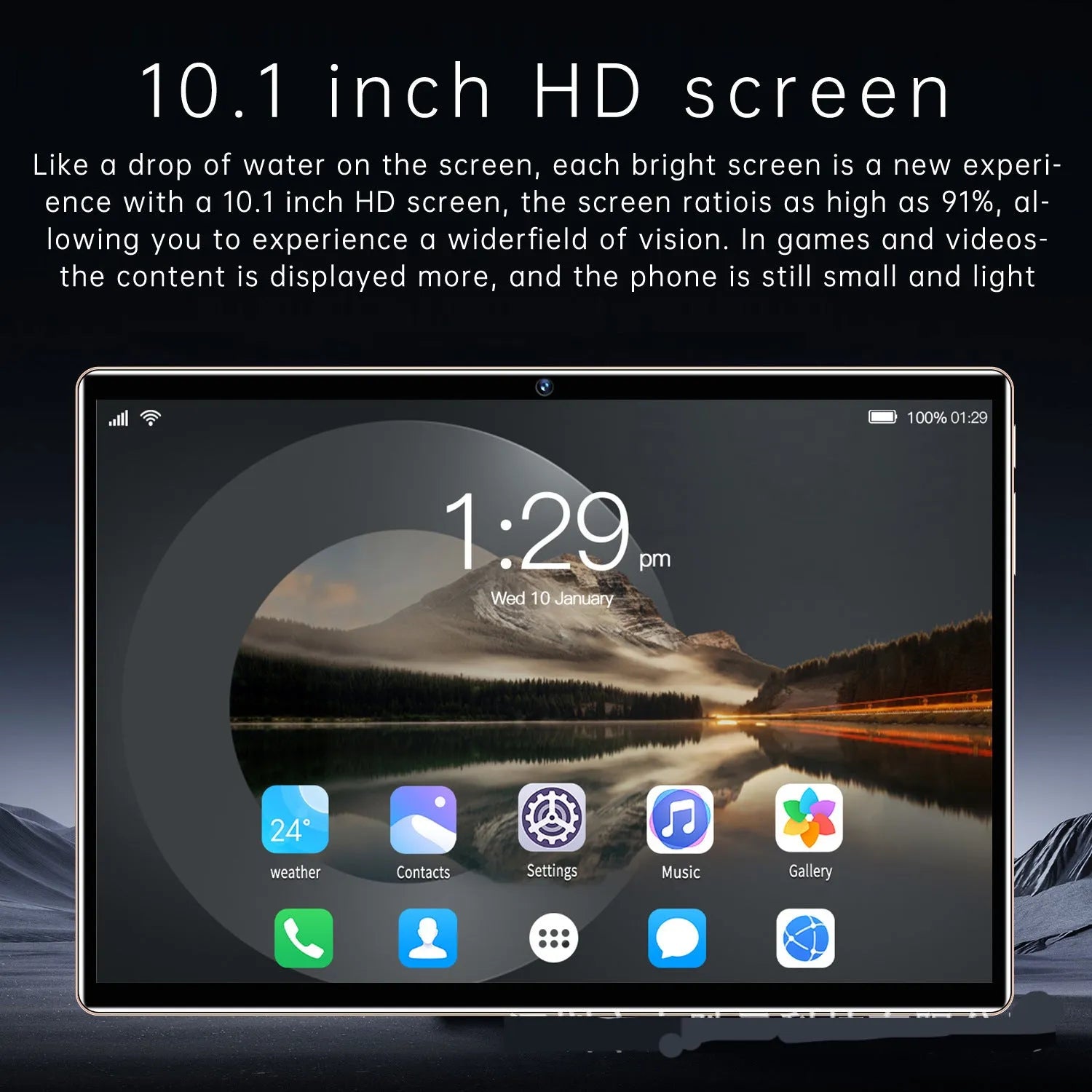 10.1 inch Voice Call HD Smart Game Tablet in gold with blue and gray colour options showing screen and front view