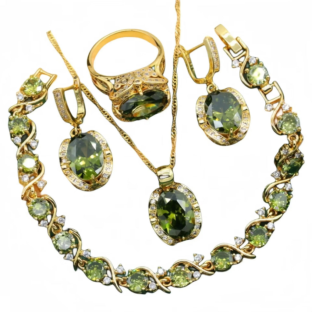 Women's rhinestone zircon jewellery set with necklace, earrings, and ring in copper electroplated finish