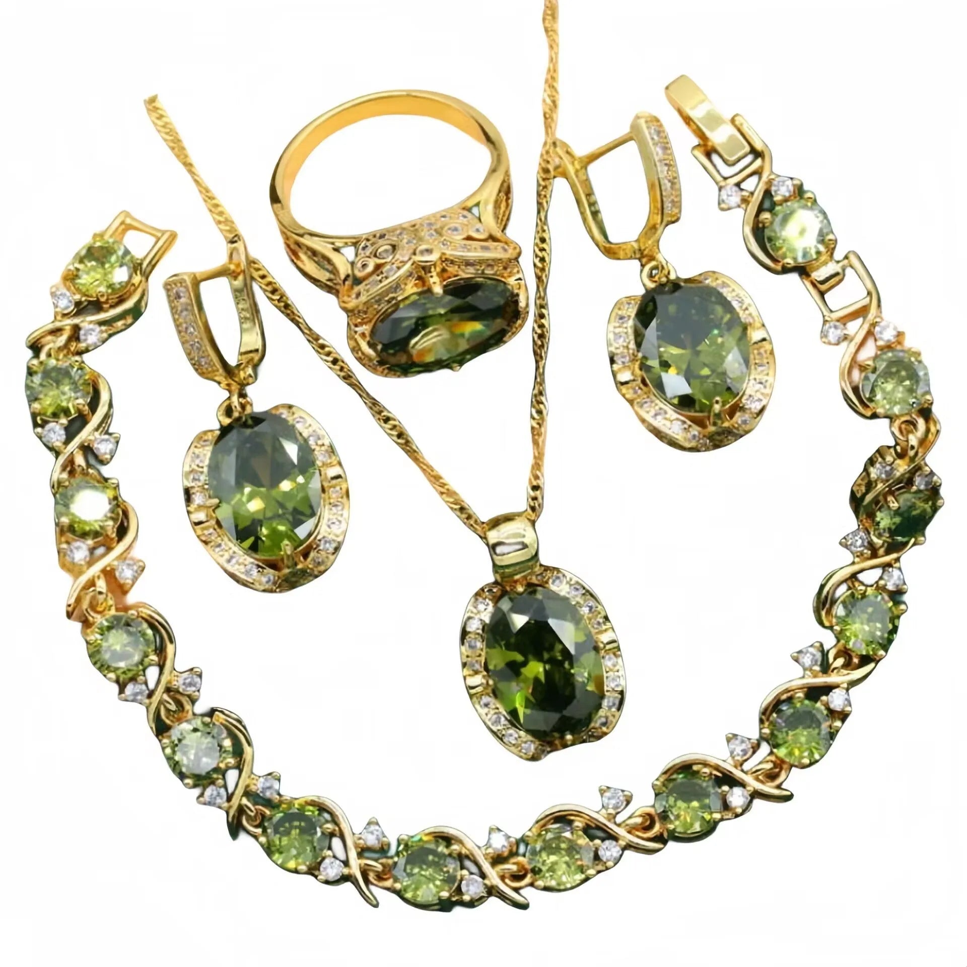 Women's rhinestone zircon jewellery set with necklace, earrings, and ring in copper electroplated finish