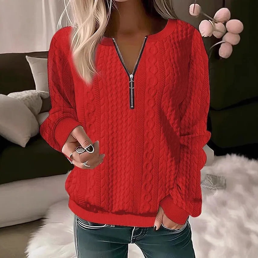 Women's loose fit zipper cardigan with 3D effect pattern in apricot, polyester fabric