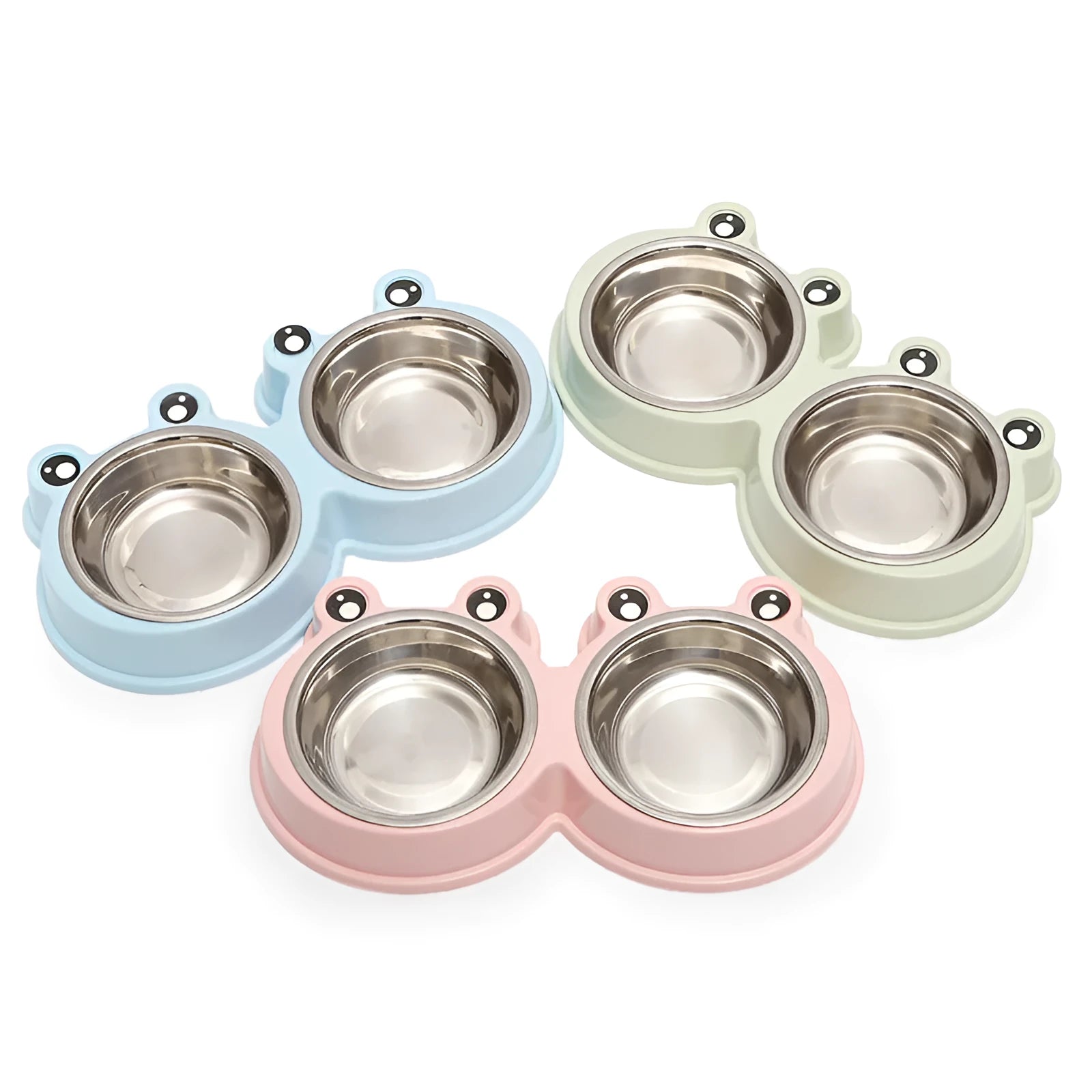 Blue double compartment pet feeding bowl with stainless steel frog-shaped water bowl attached.
