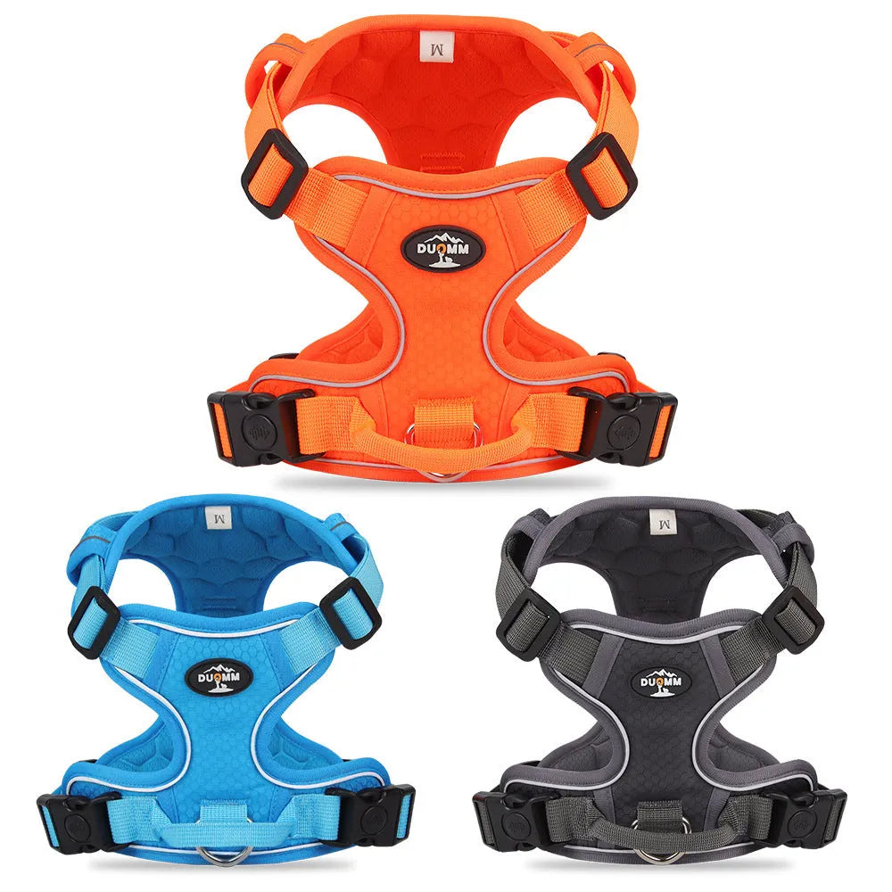 Dog hand holding rope vest harness in orange with reflective round rope and Oxford cloth construction
