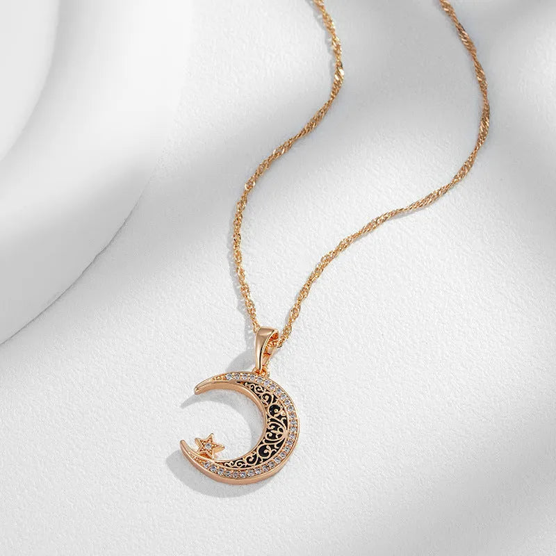 Rose gold star moon pendant necklace with zircon and enamel on adjustable water wave chain
