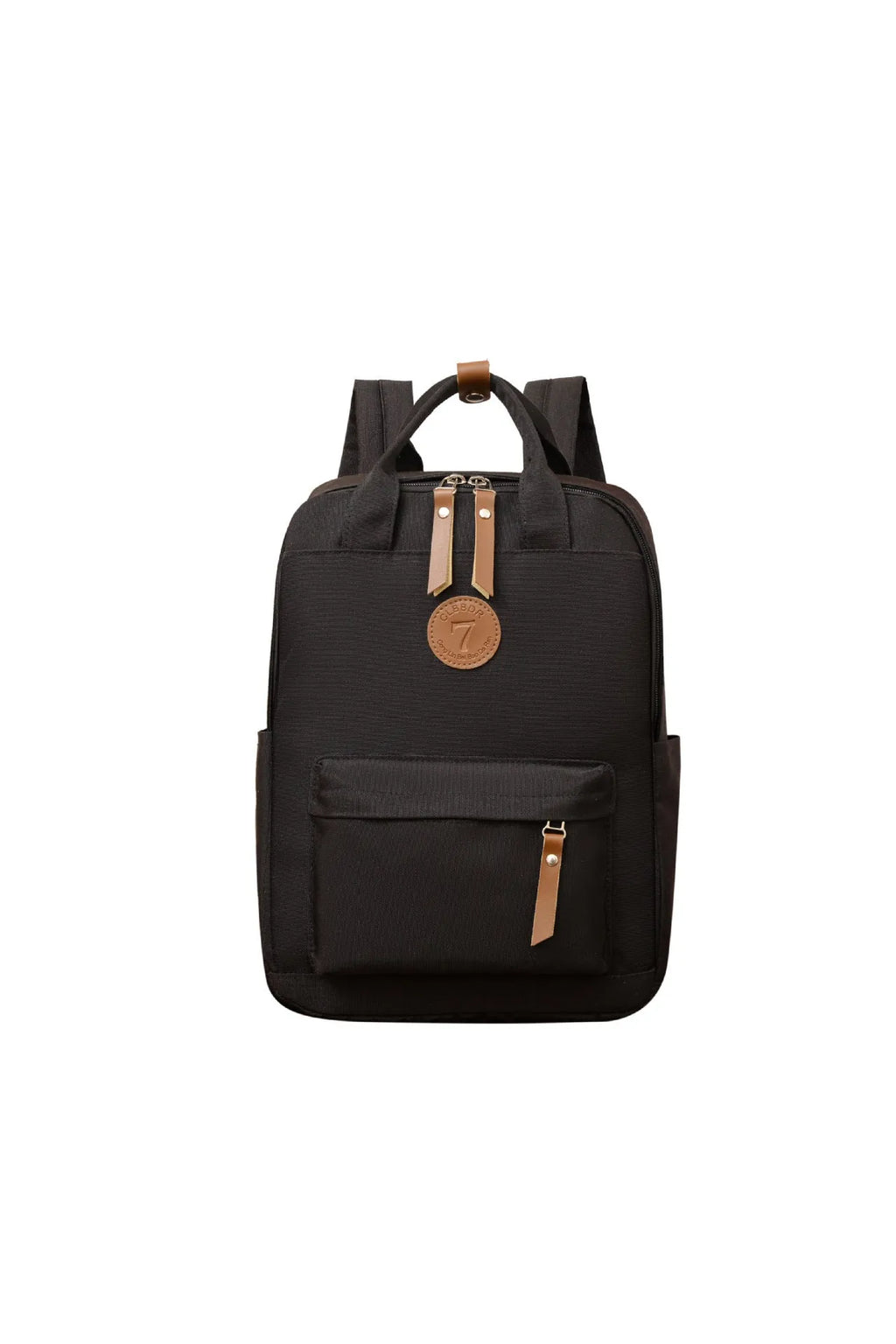 Solid black Oxford cloth fashion backpack with retro sewing thread details and curved shoulder strap for school and travel.