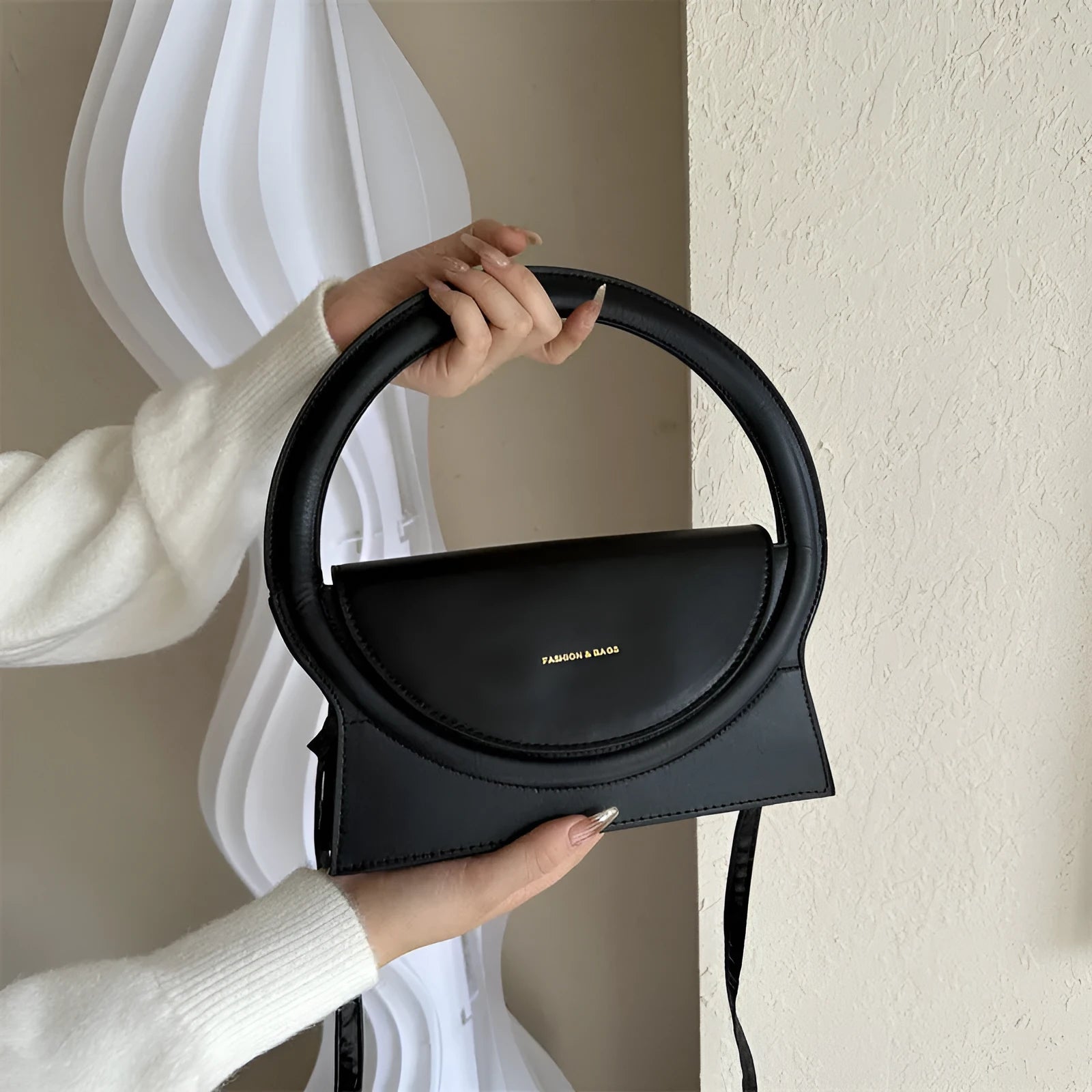 Horizontal square PU leather messenger bag with stitching detail and internal phone pocket