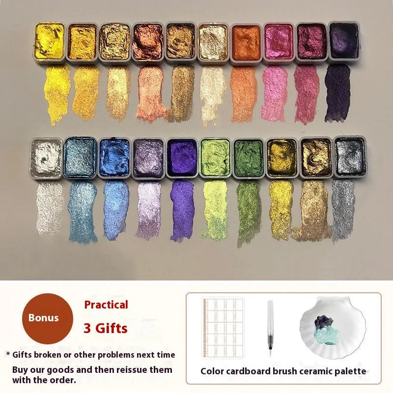 Traditional Chinese painting mineral pearlescent watercolour set showing 20 colour tubes including warm series, cold palette and red, white, gold pearlescent colours