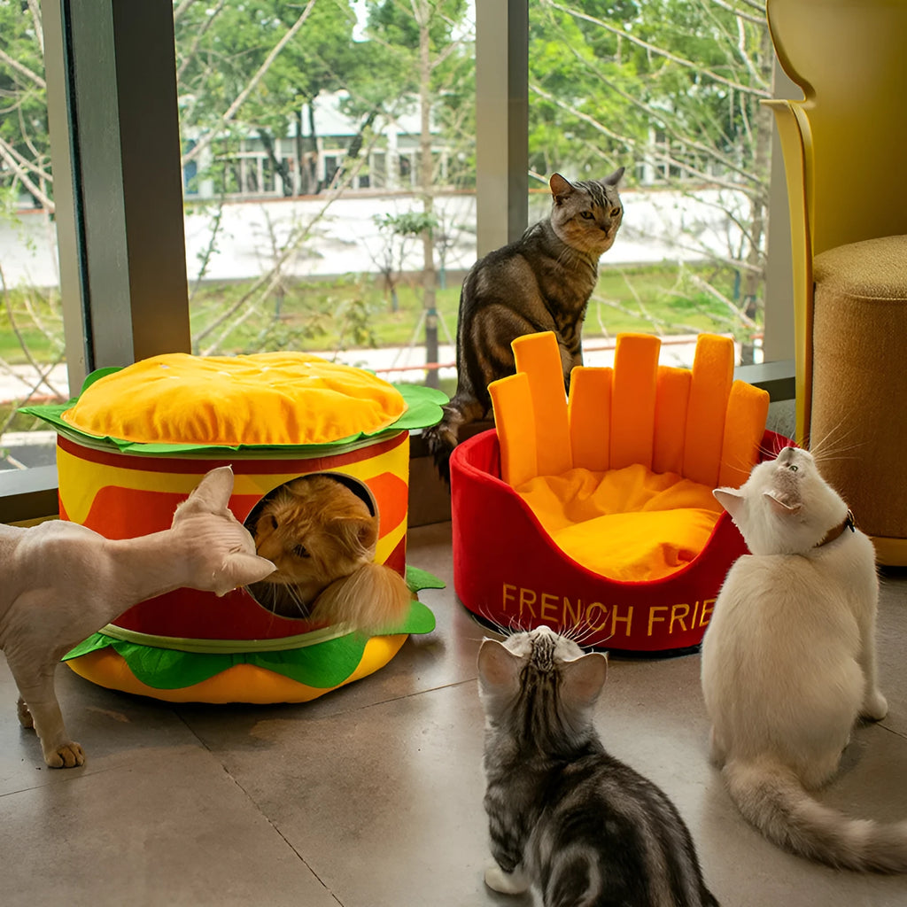 Crystal super soft velvet cat bed in French fries design with reversible cushion, 44x8.5x44cm