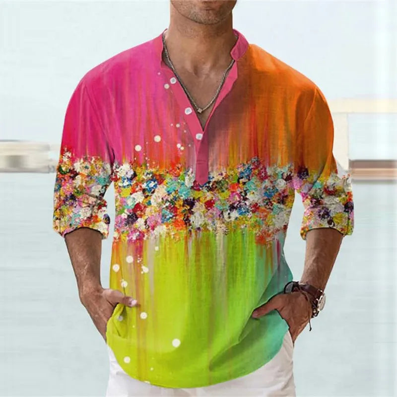 Man wearing a striped short sleeve bamboo hemp shirt in British style with 3D digital print.