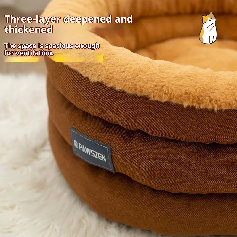 Round thickened dog bed in brown flannel linen with raised rim, small size 48x22cm